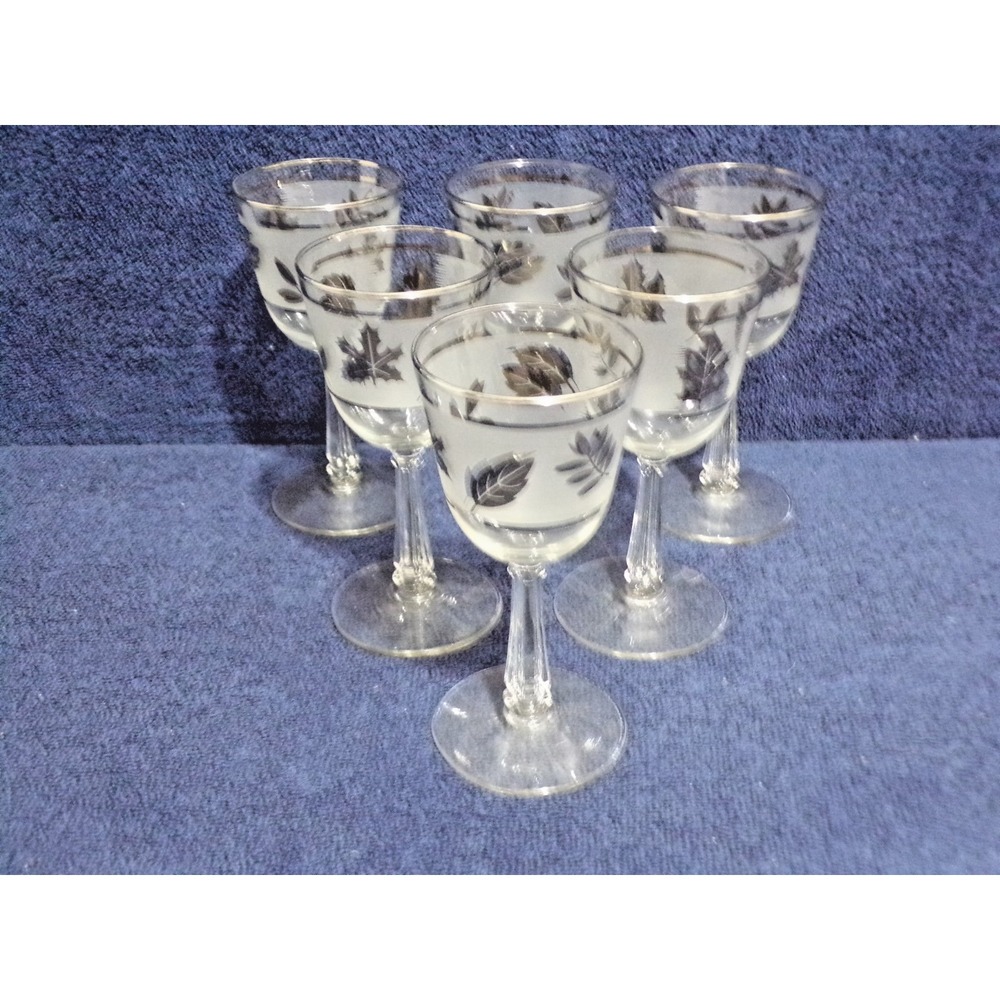 Vintage Libbey Frosted Golden Foliage Silver Leaf Stemmed Glasses 5oz Set of 6